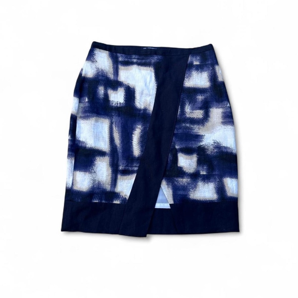 Abstract Faux Wrap Linen Skirt Blue Print Pencil Skirt S